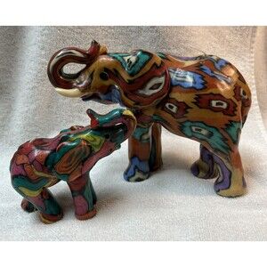 Vintage Trunk Up Pair (2) Elephants Swazi Candles Multicolor Swirl Handmade